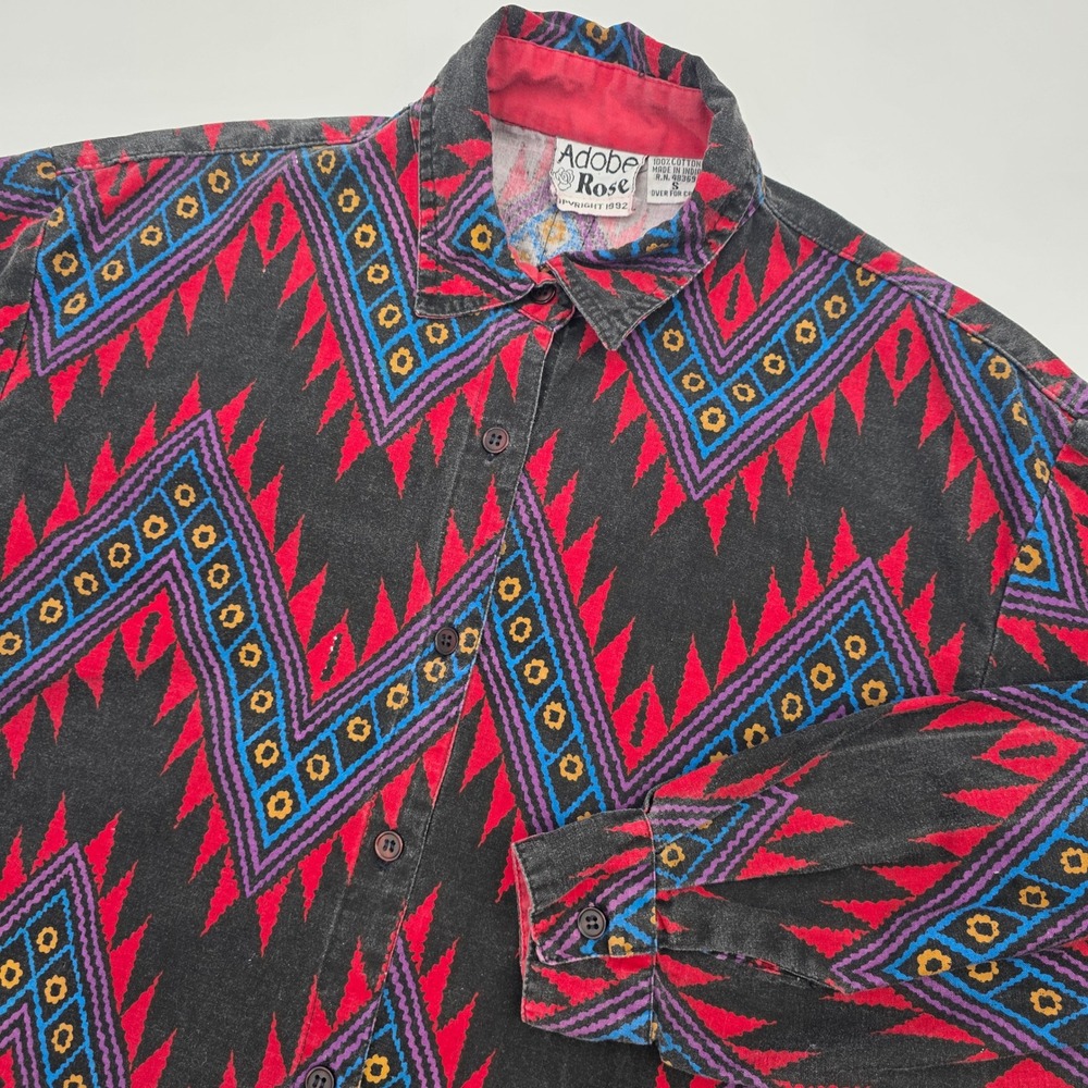 VINTAGE 90S ADOBE ROSE SOUTHWESTERN SHIRT WOMENS SMALL AZTEC RED BLUE BLACK FLAP